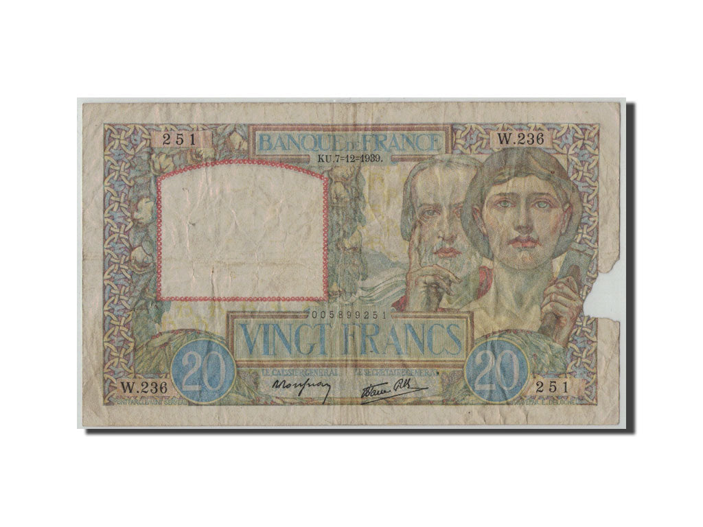 Banknote, France, 20 Francs, 20 F 1939-1942 ''Science et Travail'', 1939