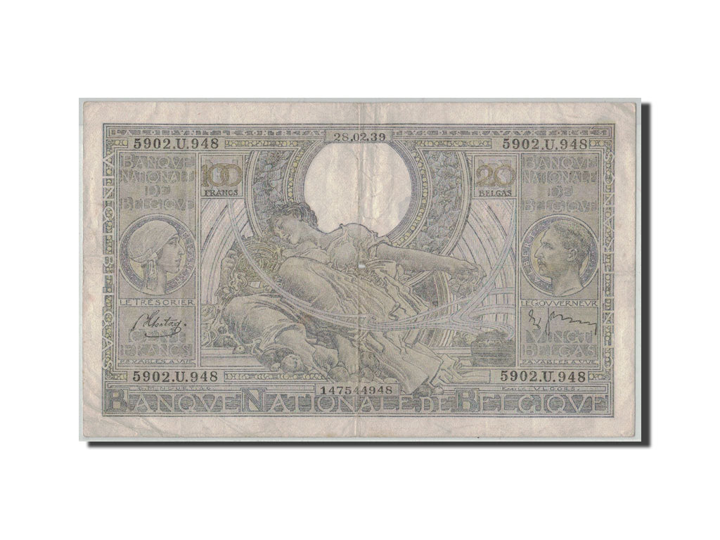 Banknote, Belgium, 100 Francs-20 Belgas, 1939, 1939-02-28, KM:107, VF(20-25)