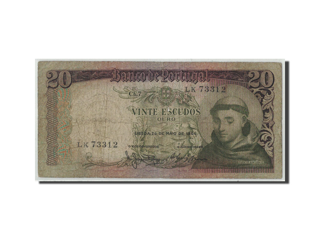 Banknote, Portugal, 20 Escudos, 1964, 1964-05-26, KM:167b, VG(8-10)