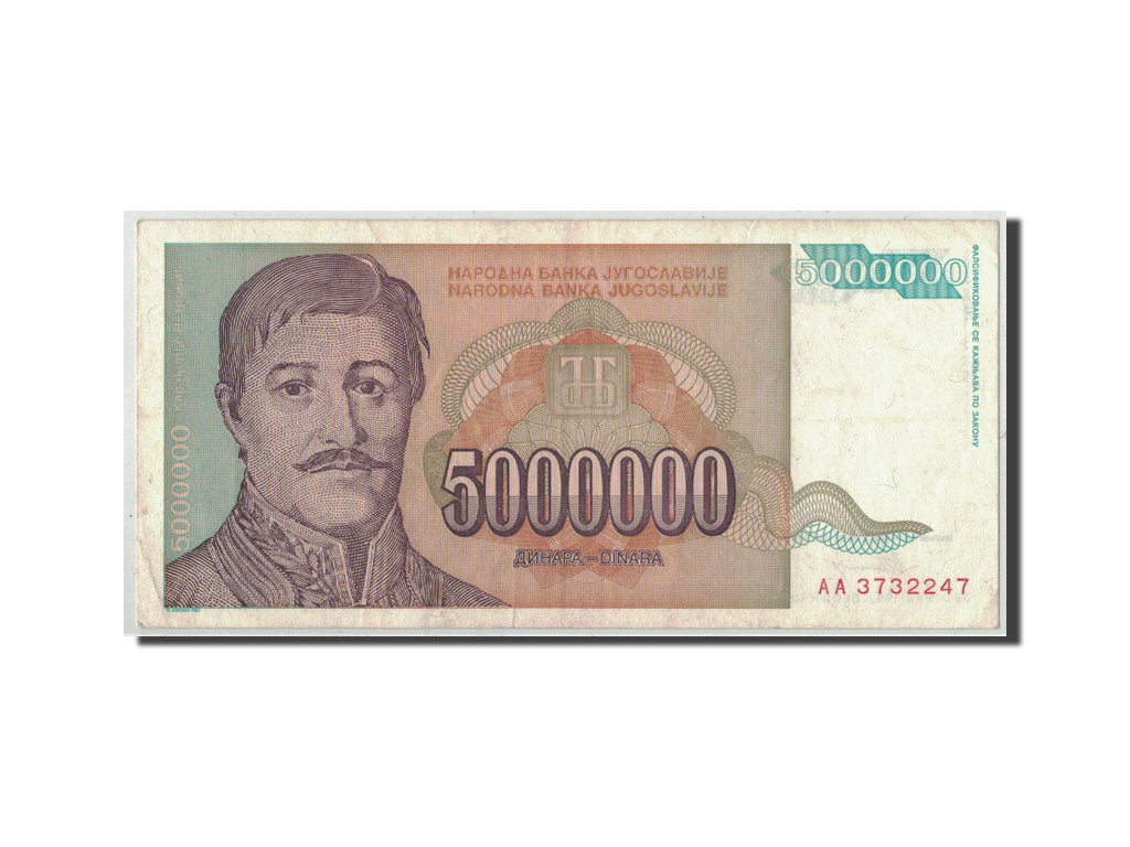 Banconote, Iugoslavia, 5,000,000 Dinara, 1993, KM:132, MB+