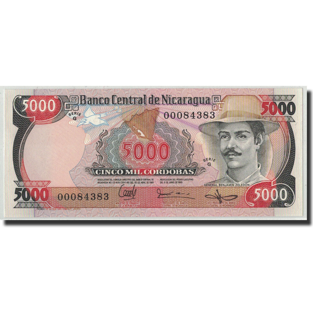 Biljet, Nicaragua, 5000 Cordobas, 1985, 11.6.1985, KM:146, NIEUW
