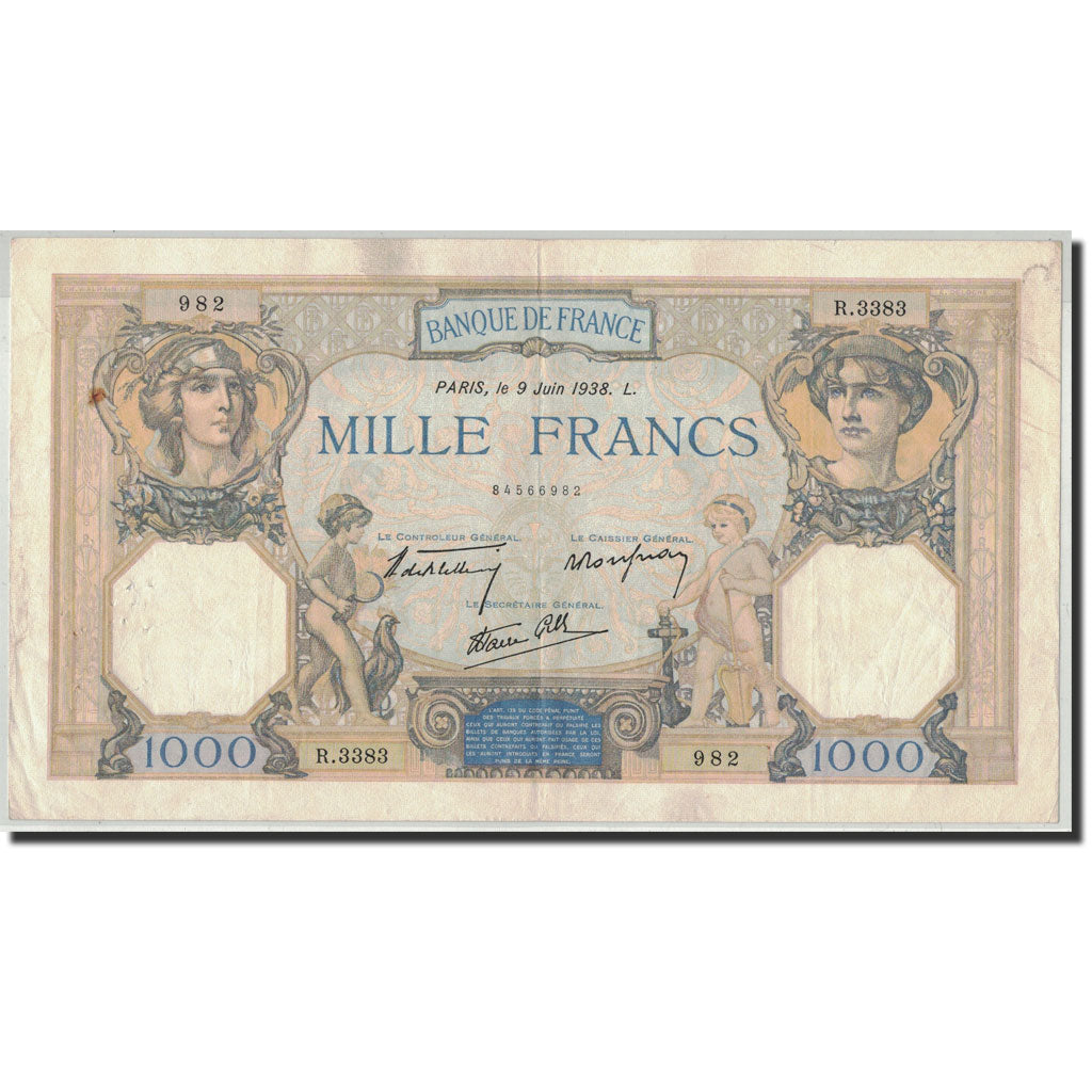 Banknote, France, 1000 Francs, 1 000 F 1927-1940 ''Cérès et Mercure'', 1938