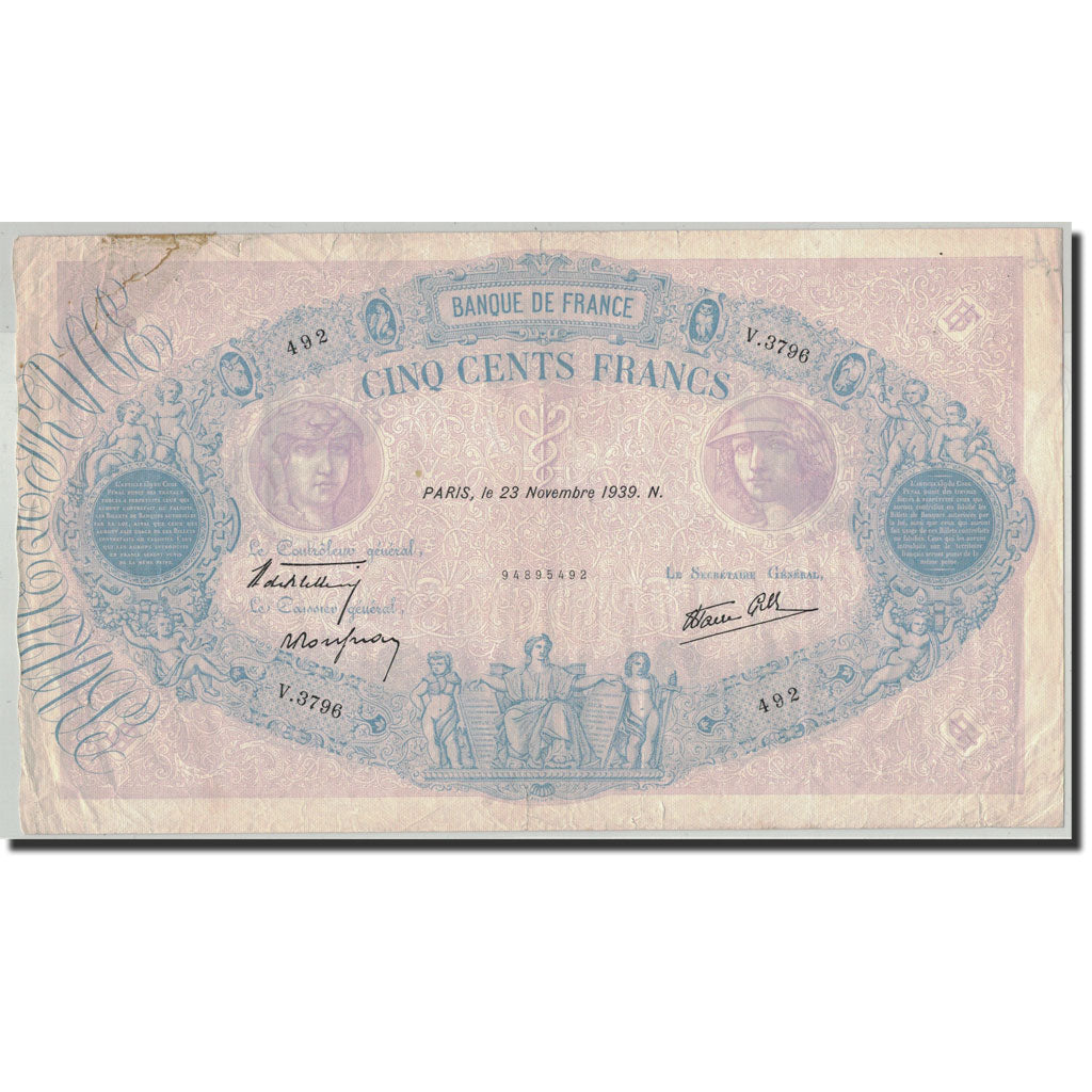 Billete, Francia, 500 Francs, 500 F 1888-1940 ''Bleu et Rose'', 1939