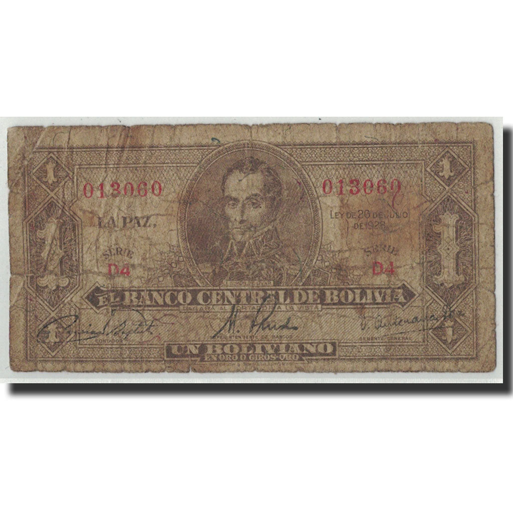 Banconote, Bolivia, 1 Boliviano, 1928, KM:128a, 1928-07-20, D+