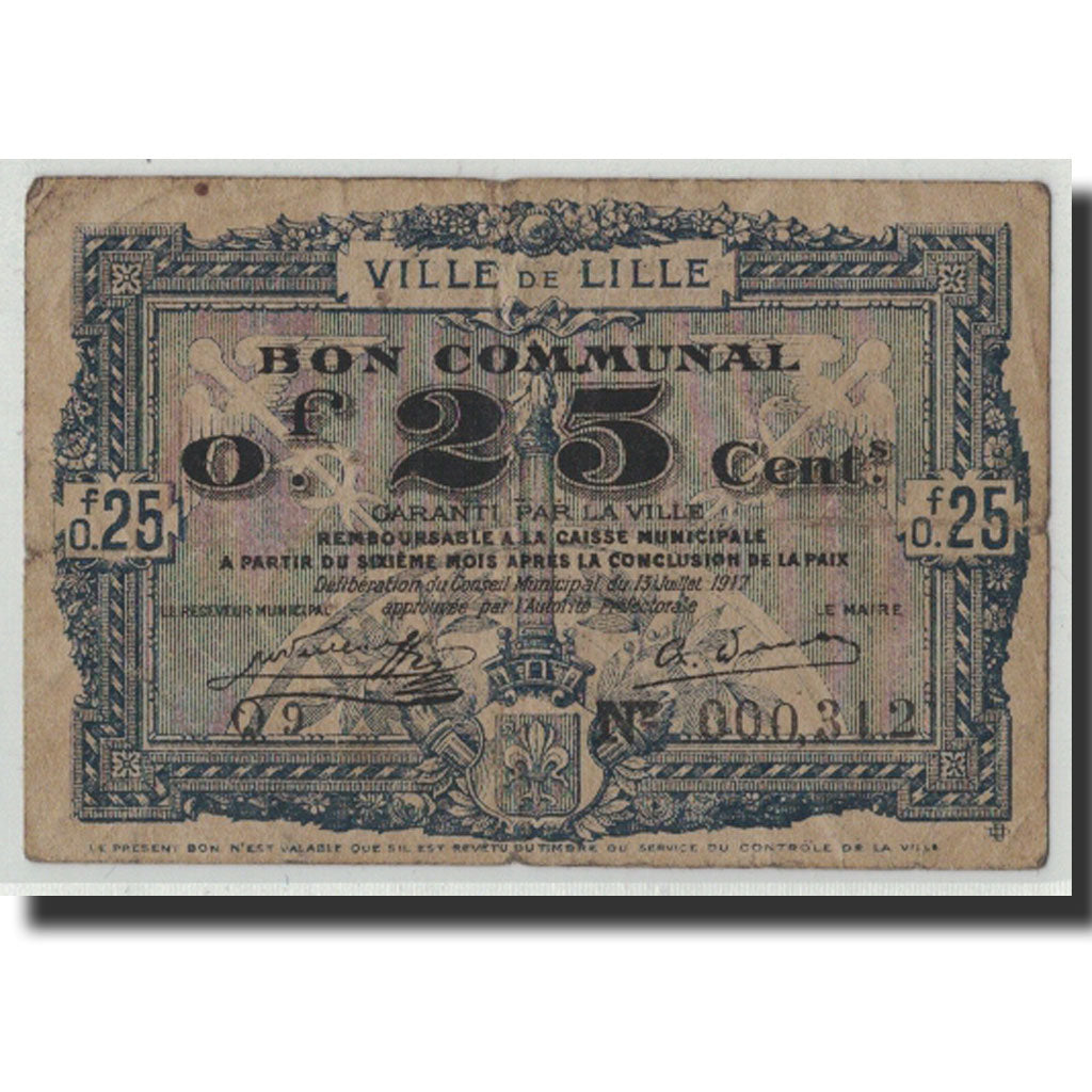 Banknote, Pirot:59-1621, 25 Centimes, 1917, France, VF(20-25), Lille