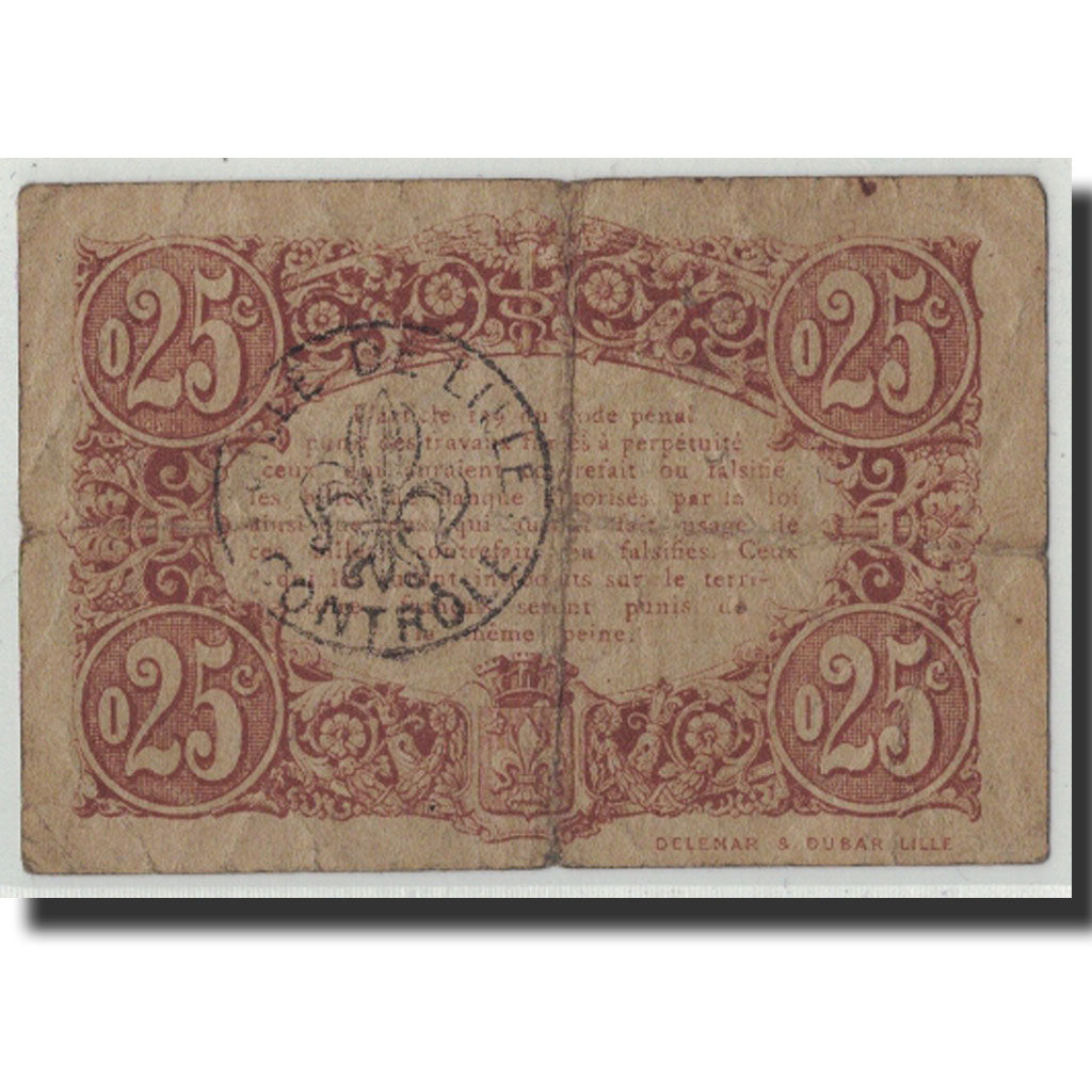 Banknote, Pirot:59-1621, 25 Centimes, 1917, France, VF(20-25), Lille