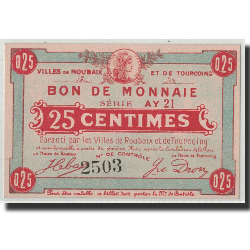 Billete, 25 Centimes, Pirot:59-2052, Undated, Francia, SC, Roubaix et Tourcoing