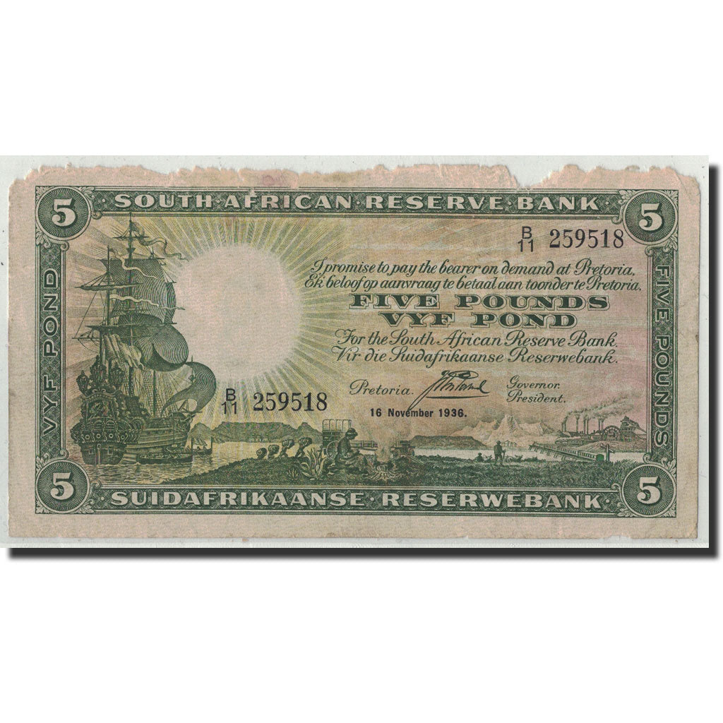 Banknote, South Africa, 5 Pounds, 1936, 1936-11-16, KM:86b, VG(8-10)