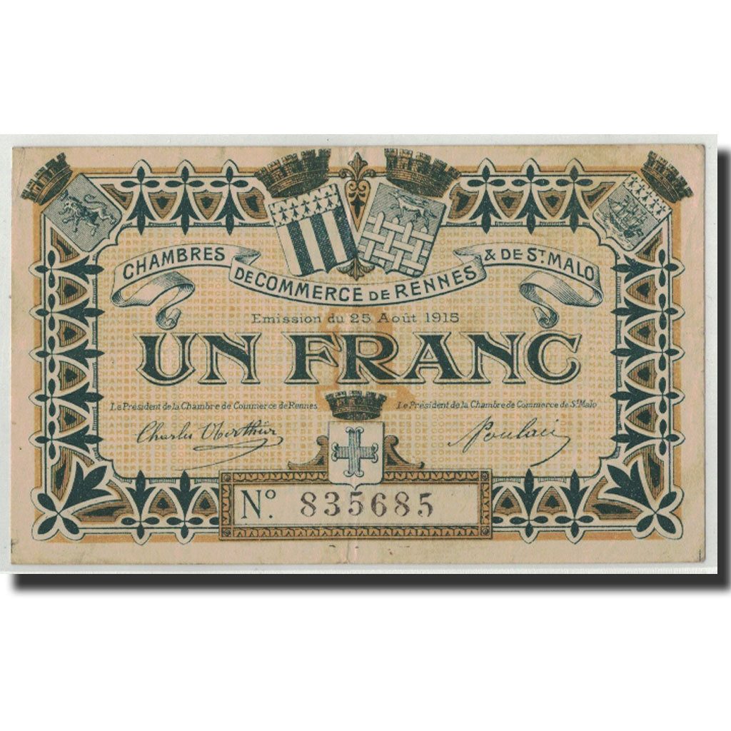 Geldschein, Frankreich, Rennes et Saint-Malo, 1 Franc, 1915, SS, Pirot:105-3