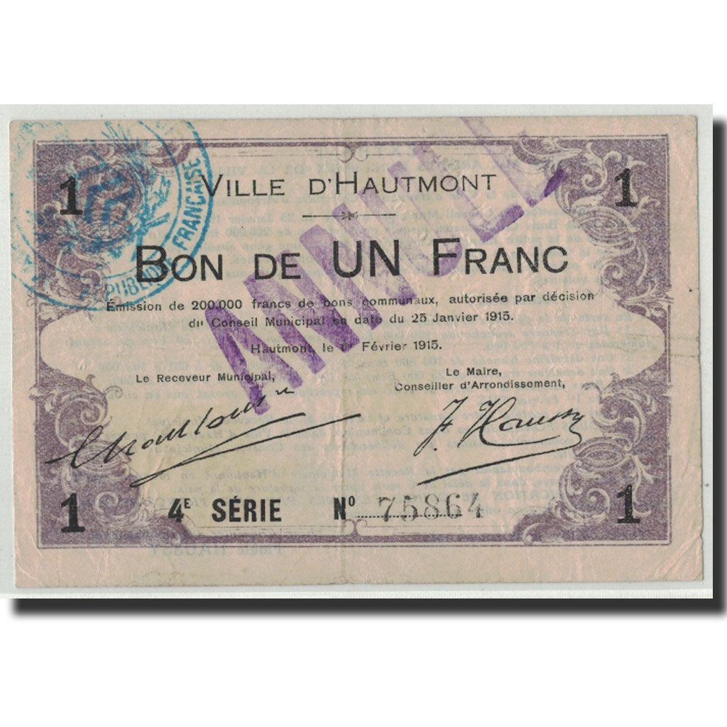 Biljet, Pirot:59-1298, 1 Franc, 1915, Frankrijk, TB+, Hautmont