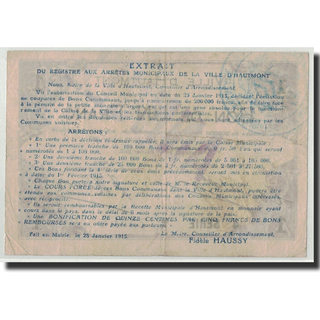 Biljet, Pirot:59-1298, 1 Franc, 1915, Frankrijk, TB+, Hautmont