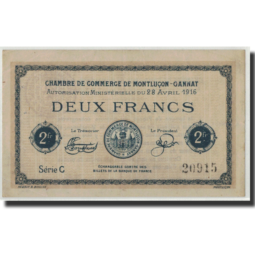Banknote, Pirot:84-26, 2 Francs, 1916, France, AU(50-53), Montluçon