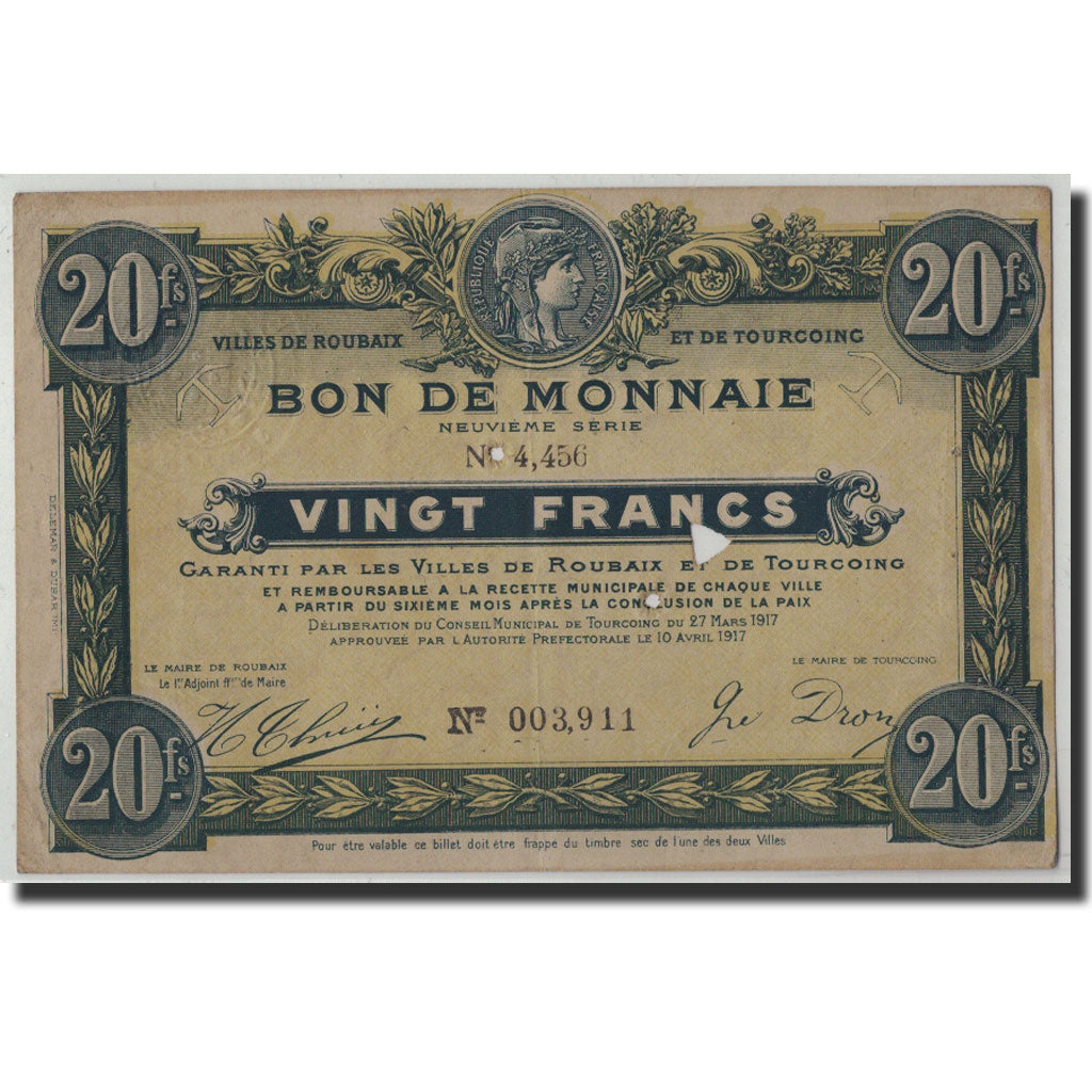 Banknot, Francja, Roubaix et Tourcoing, 20 Francs, 1917, EF(40-45)