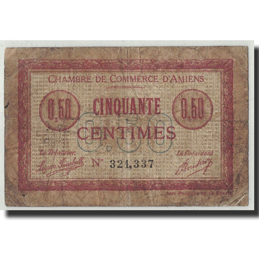 Banconote, Pirot:7-20, B, Amiens, 50 Centimes, 1915, Francia