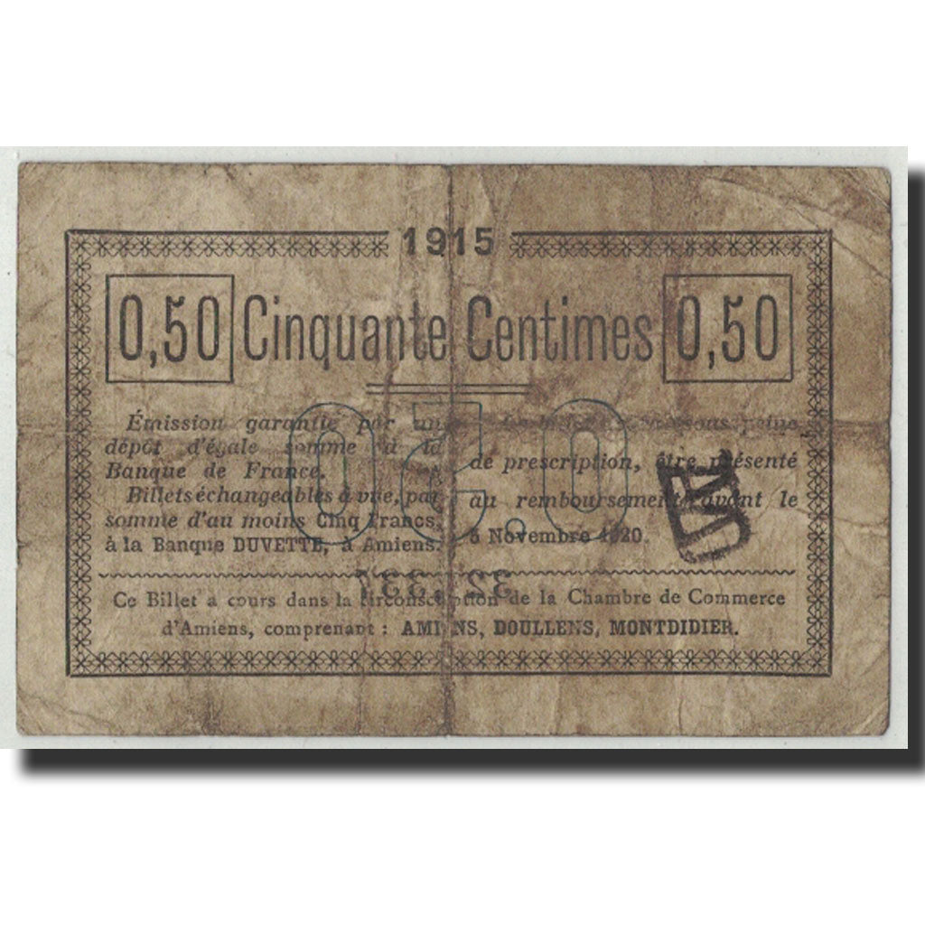 Banconote, Pirot:7-20, B, Amiens, 50 Centimes, 1915, Francia