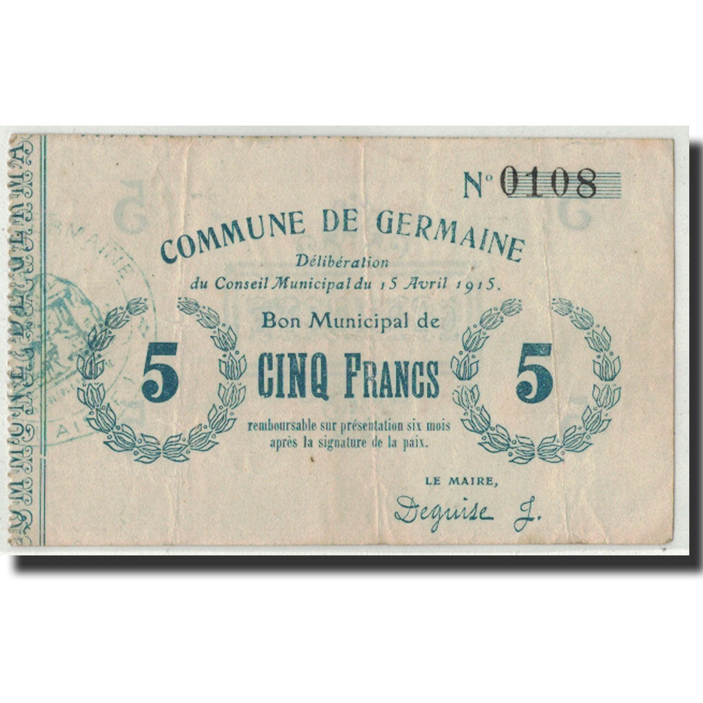 Biljet, Pirot:02-1054, 5 Francs, 1915, Frankrijk, TTB, Germaine