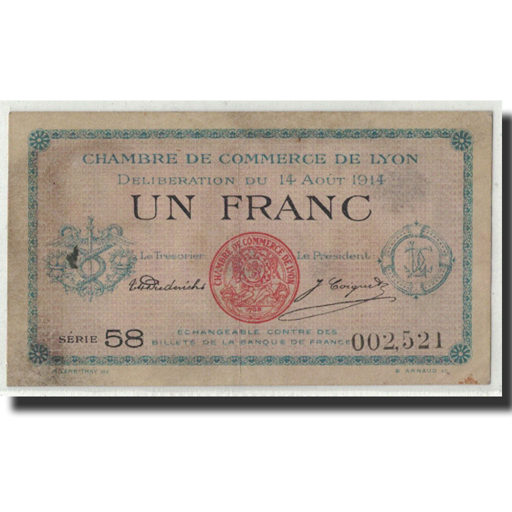 Billet, France, Lyon, 1 Franc, 1914, TTB+, Pirot:77-1