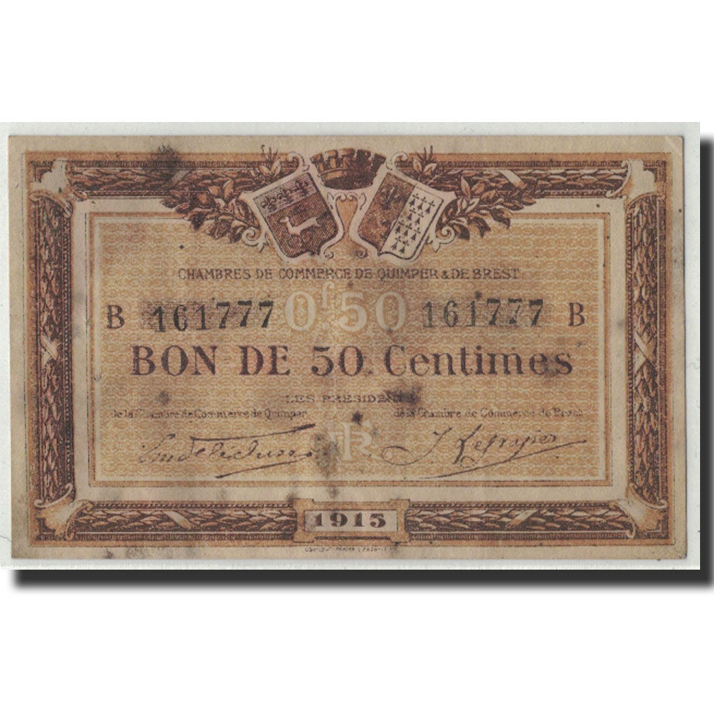 Banknote, Pirot:104-4, 50 Centimes, 1915, France, EF(40-45), Quimper et Brest