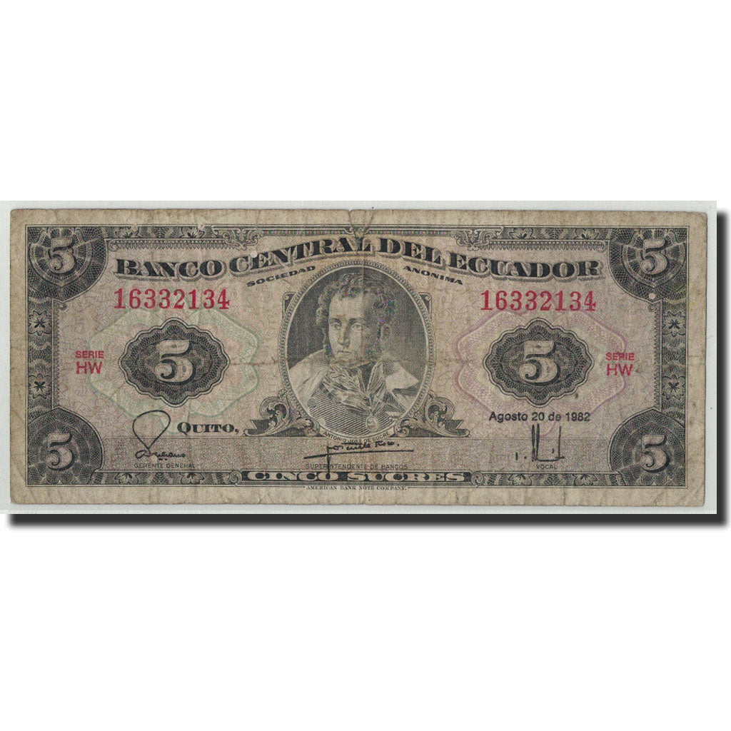 Banknote, Ecuador, 5 Sucres, 1982, 1982-08-20, KM:108b, VG(8-10)