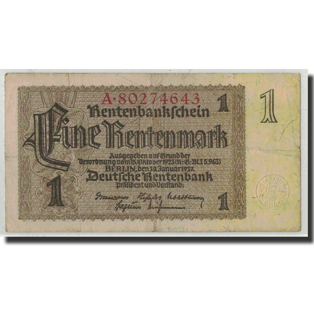Geldschein, Deutschland, 1 Rentenmark, 1937, 1937-01-30, KM:173b, S