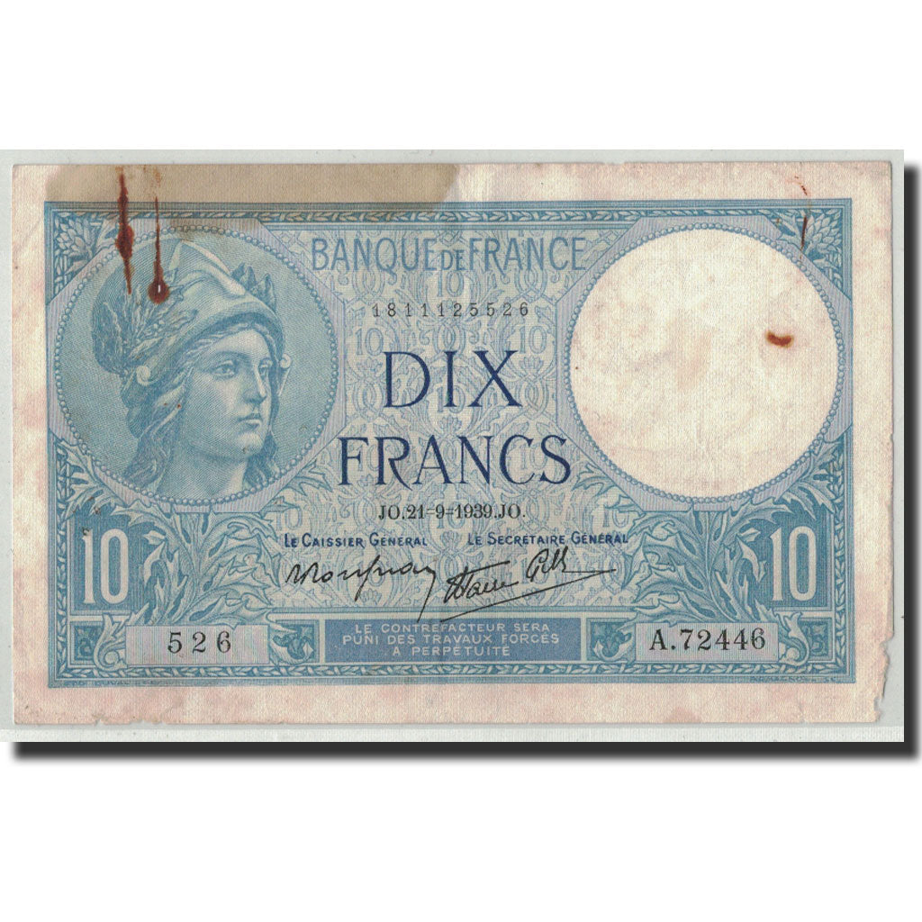 Billete, Francia, 10 Francs, 10 F 1916-1942 ''Minerve'', 1939, 1939-09-21, MBC
