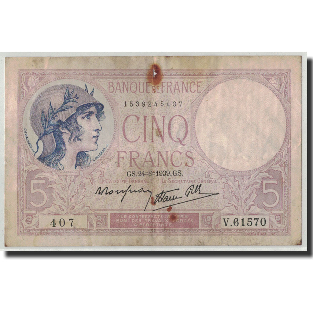 Banconote, Francia, 5 Francs, 5 F 1917-1940 ''Violet'', 1939, 1939-08-24, MB