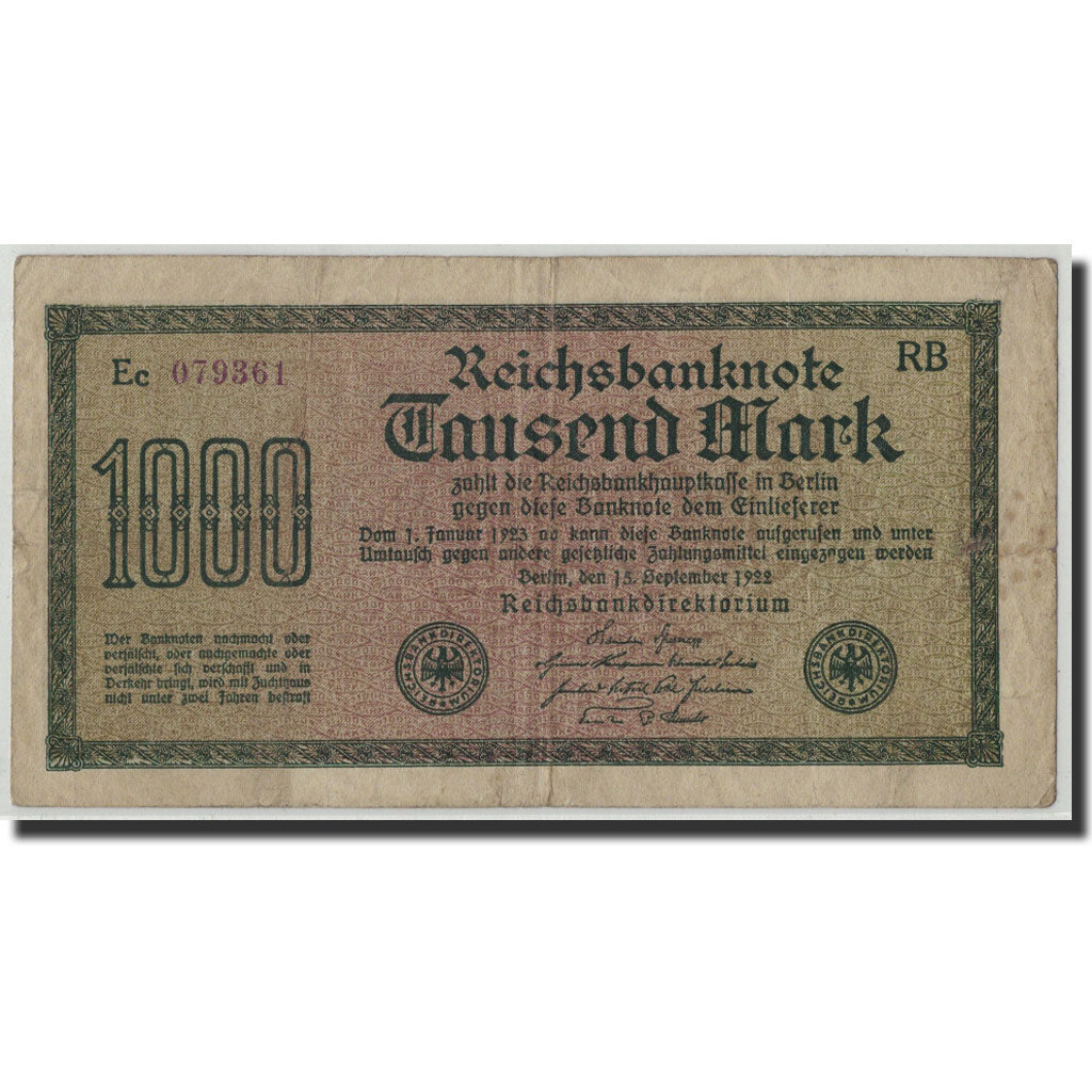 Banknot, Niemcy, 1000 Mark, 1922, 1922-09-15, KM:76d, VF(20-25)