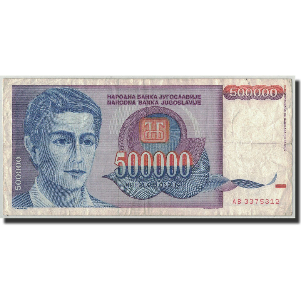 Banconote, Iugoslavia, 500,000 Dinara, 1993, KM:119, MB