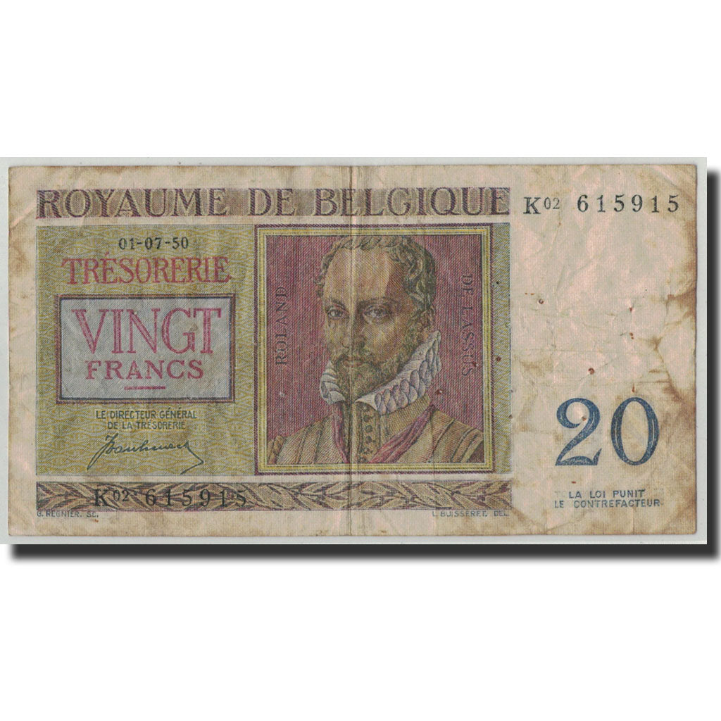 Banknote, Belgium, 20 Francs, 1950, 1950-07-01, KM:132a, VG(8-10)
