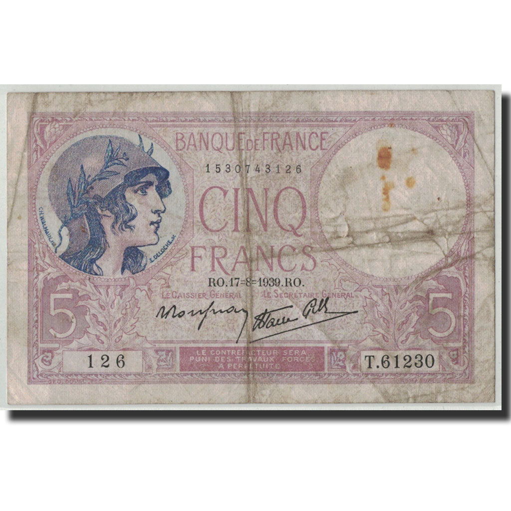 Francia, 5 Francs, 5 F 1917-1940 ''Violet'', 1939, 1939-08-17, RC, Fayette:4.6