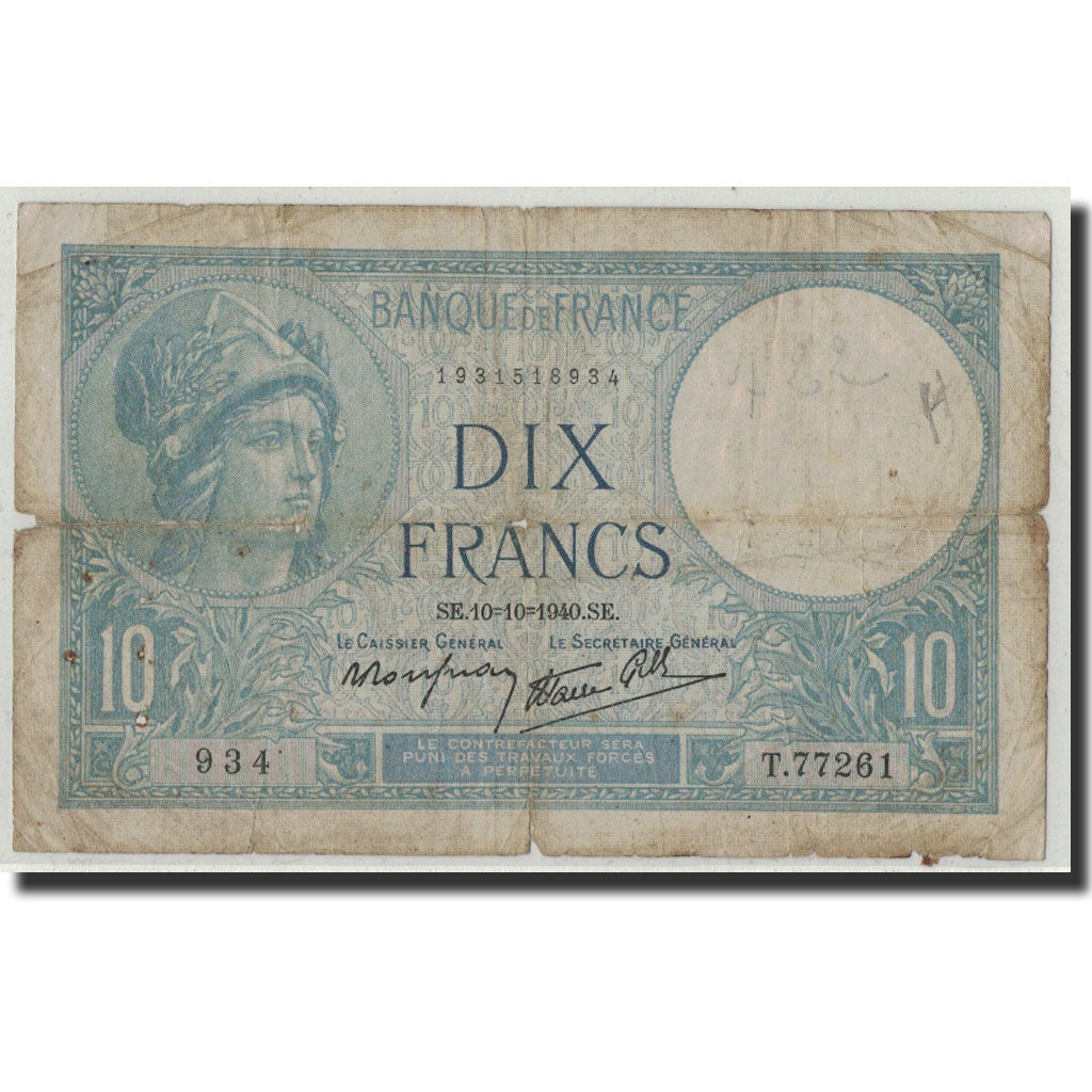 Francia, 10 Francs, 10 F 1916-1942 ''Minerve'', 1940, 1940-10-10, RC