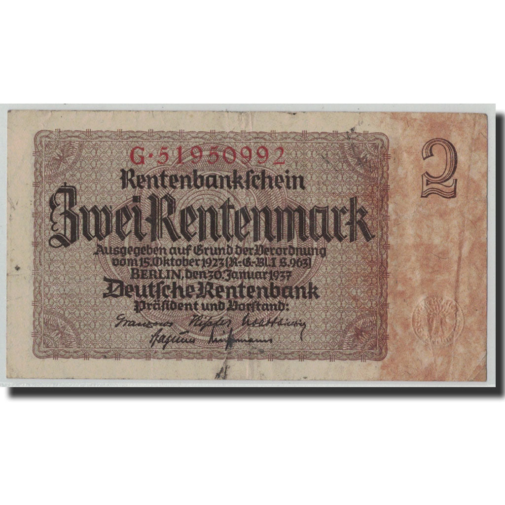 Banknote, Germany, 2 Rentenmark, 1937, 1937-01-30, KM:174b, VF(20-25)