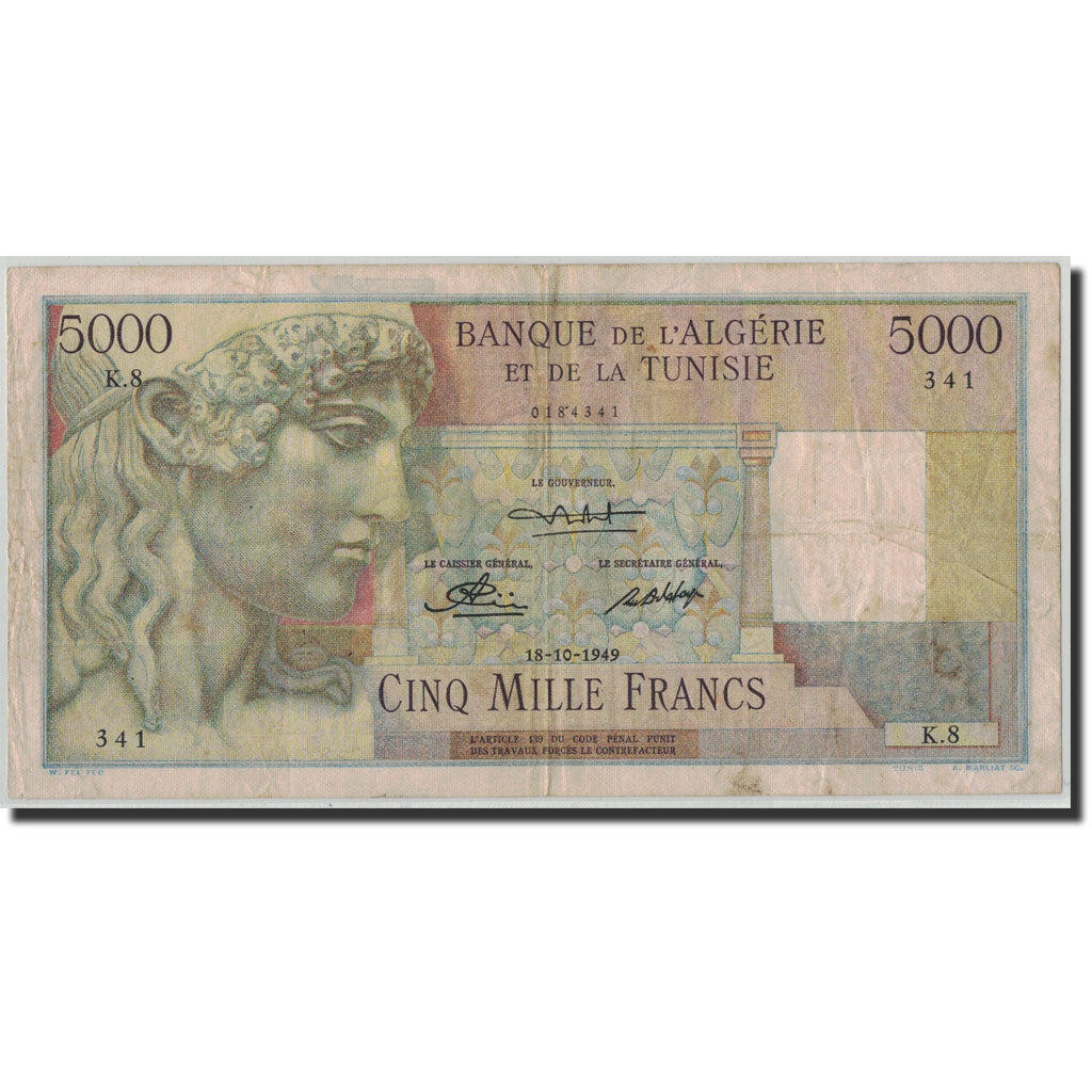 Biljet, Tunisië, 5000 Francs, 1949, 1949-10-18, KM:27, TB+