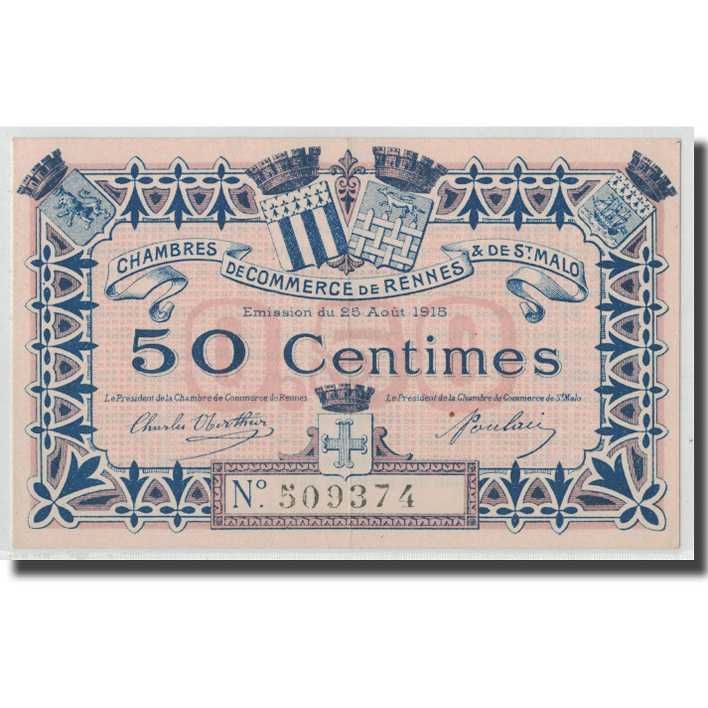 Francia, Rennes et Saint-Malo, 50 Centimes, 1915, SPL, Pirot:105-1
