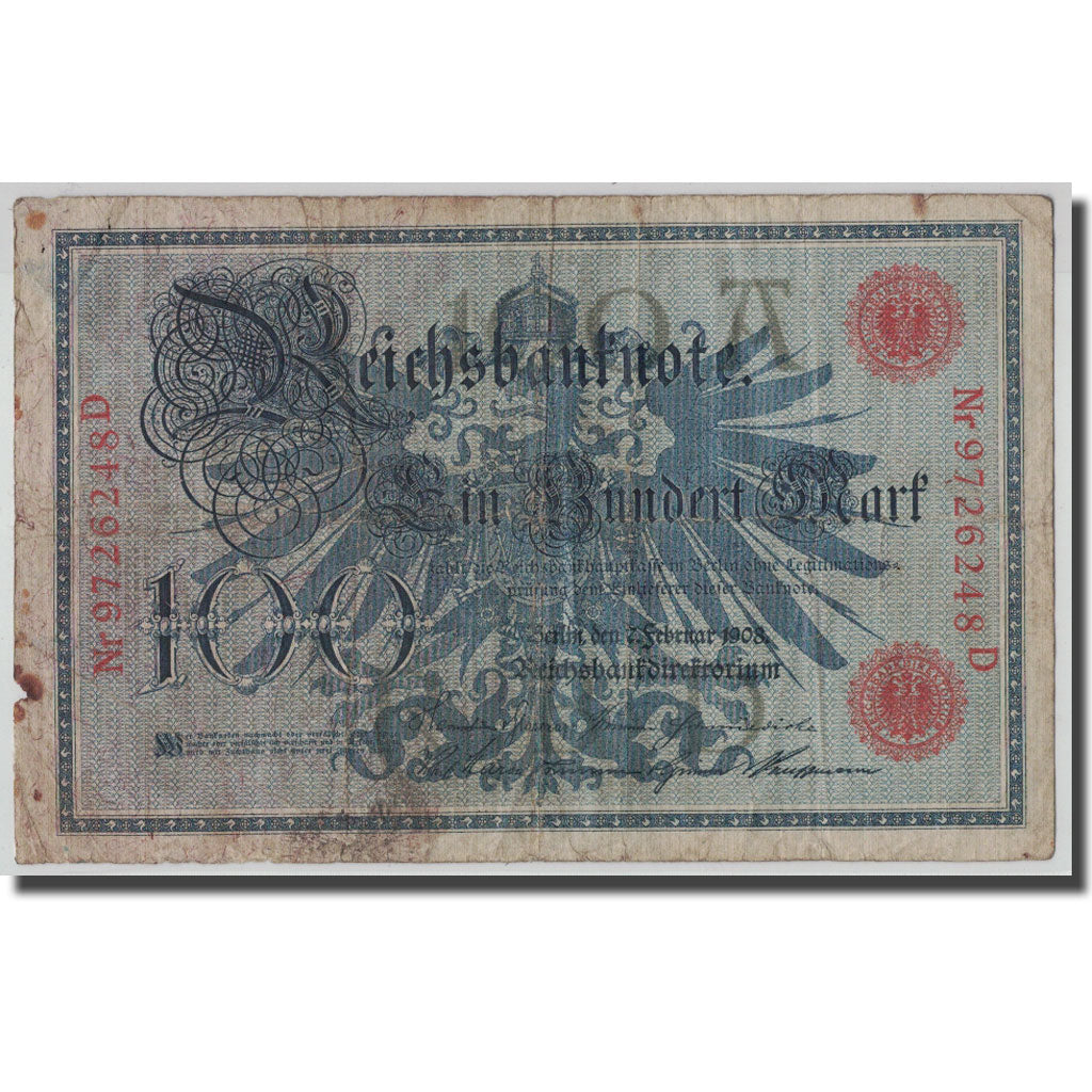Geldschein, Deutschland, 100 Mark, 1908, 1908-02-07, KM:33a, SGE+