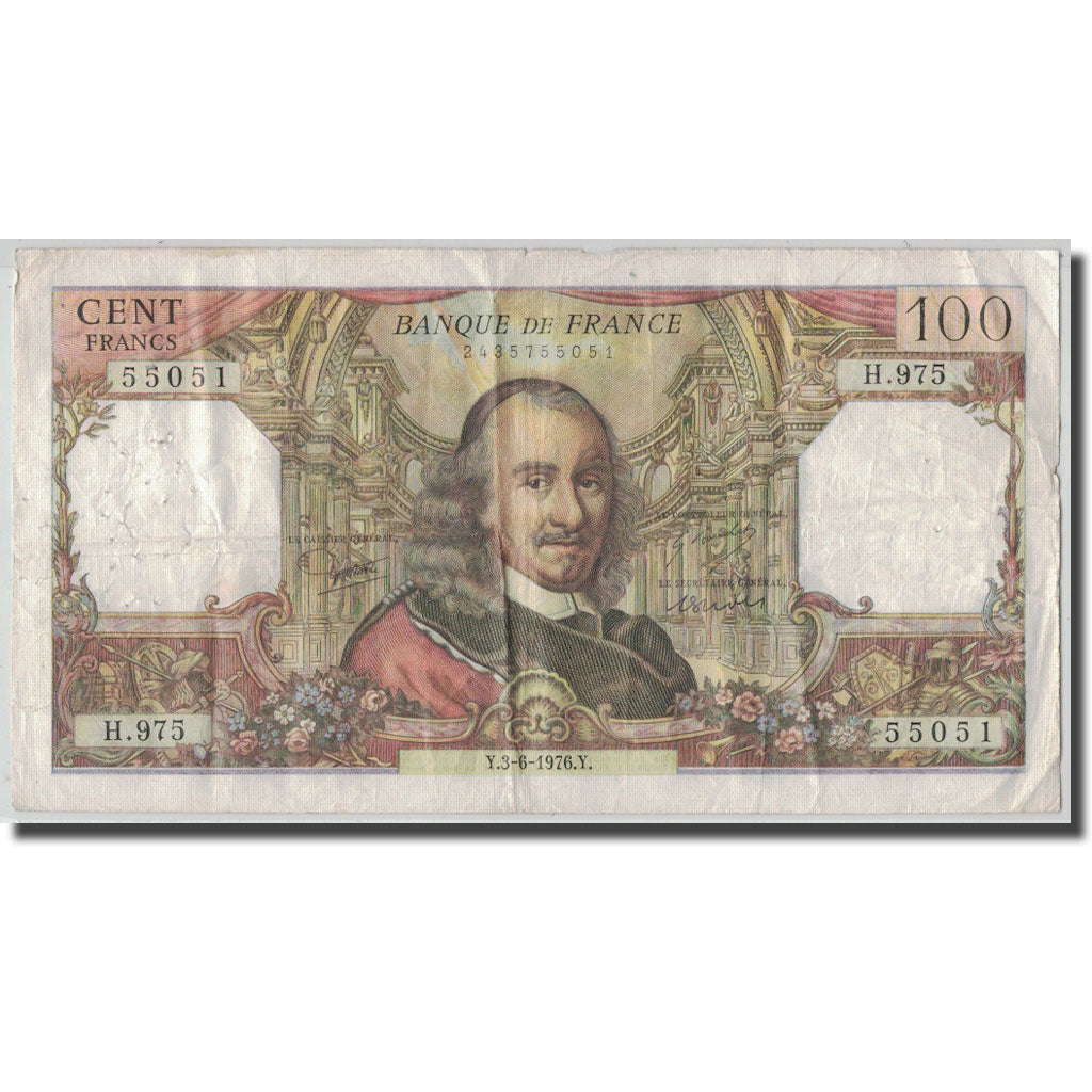 France, 100 Francs Corneille, 1976-06-03, VF(20-25), Fayette:65.53, KM:149f