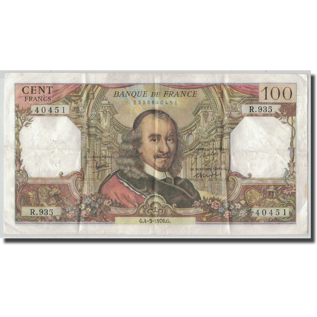 France, 100 Francs Corneille, 1976-03-04, VF(30-35), Fayette:65.52, KM:149f