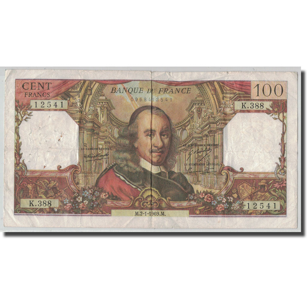 France, 100 Francs Corneille, 1969-01-02, VF(20-25), Fayette:65.25, KM:149c