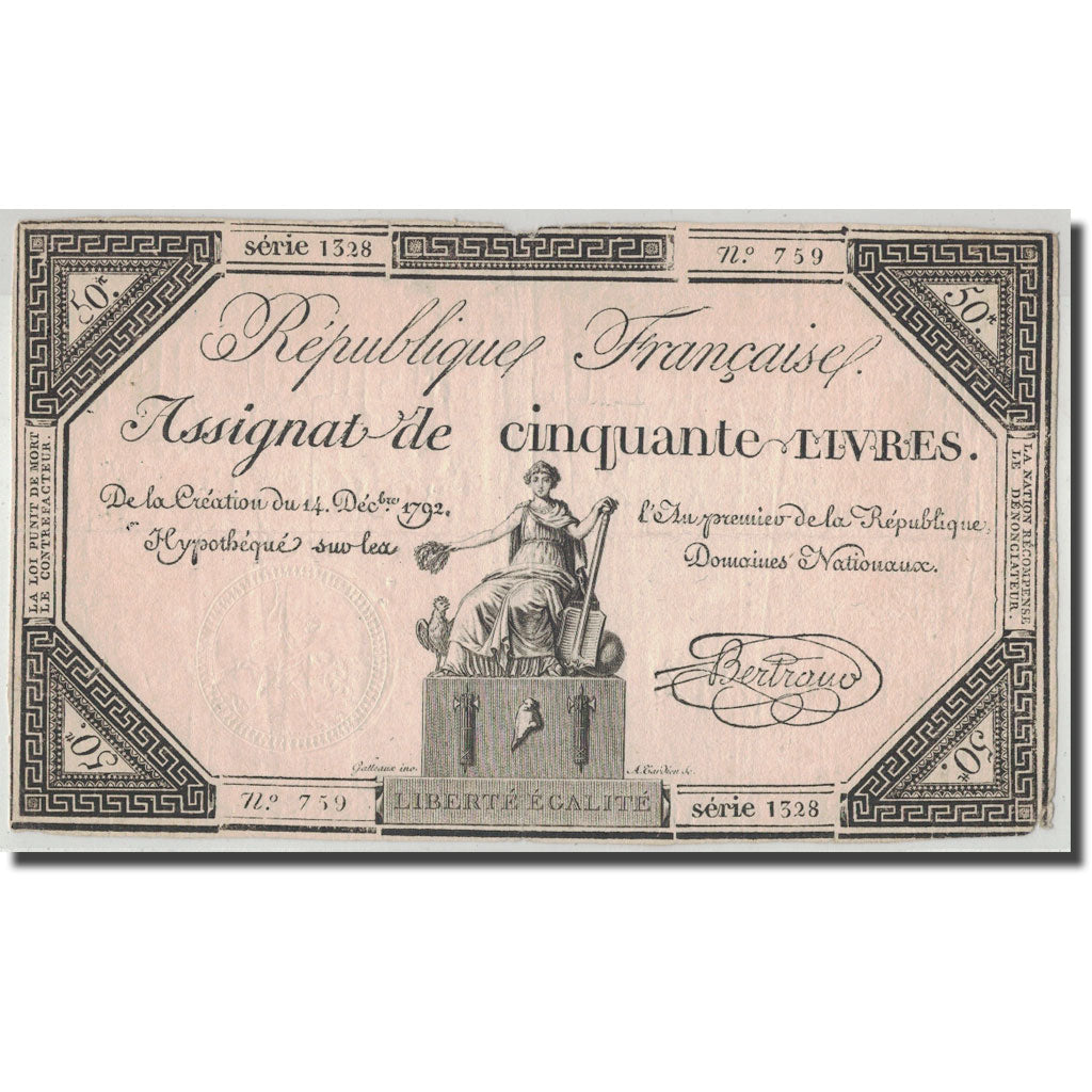 France, 50 Livres, 1792, Bertrand, 1792-12-14, VF(30-35), KM:A72, Lafaurie:164
