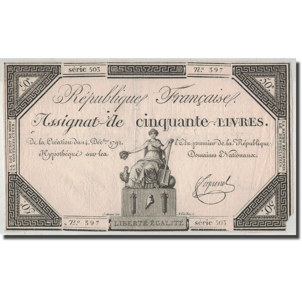 France, 50 Livres, 1792, Fiquenel, 1792-12-14, VF(30-35), KM:A72, Lafaurie:164