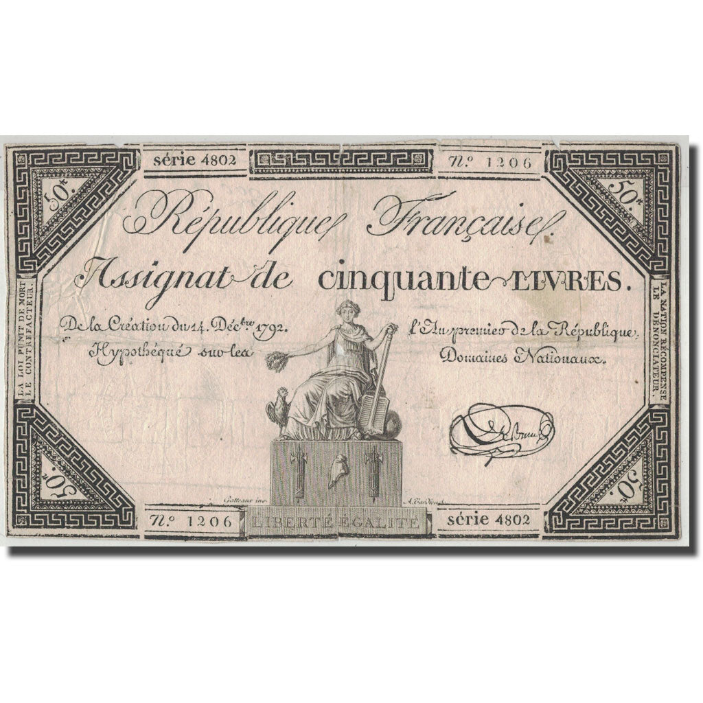 France, 50 Livres, 1792, Le Brun, 1792-12-14, TB, KM:A72, Lafaurie:164