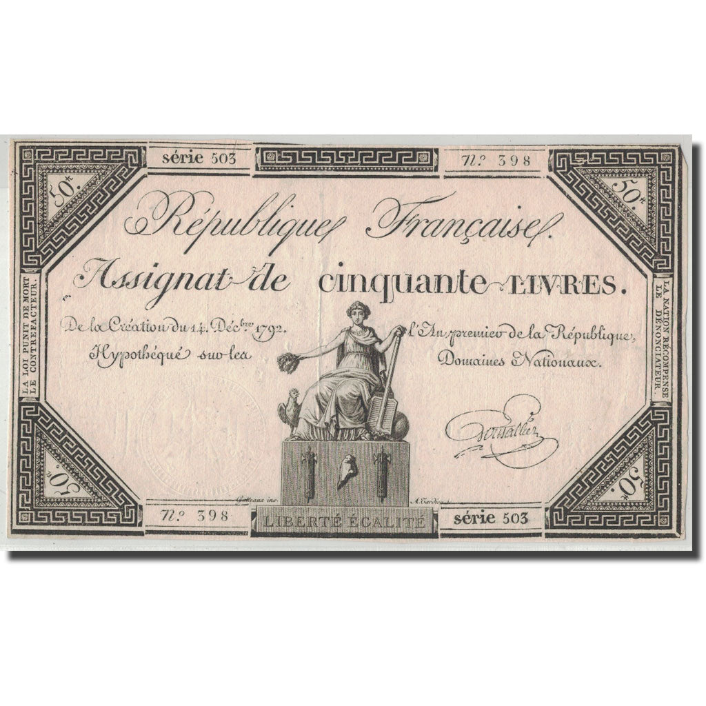France, 50 Livres, 1792, Goutallier, 1792-12-14, EF(40-45), KM:A72, Lafaurie:164