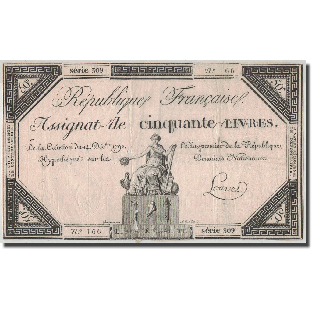 France, 50 Livres, 1792, Louvet, 1792-12-14, TB+, KM:A72, Lafaurie:164
