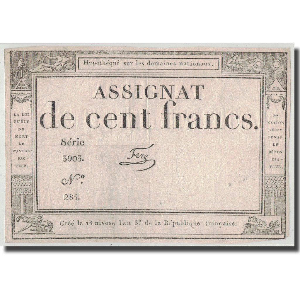 Francia, 100 Francs, 1795, Ferz, 7.1.1795, MB+, KM:A78, Lafaurie:173