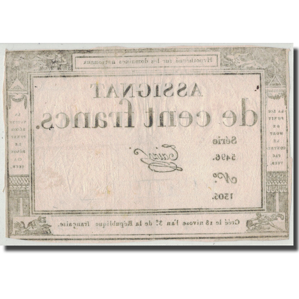 France, 100 Francs, 1795, Taizy, 7.1.1795, VF(30-35), KM:A78, Lafaurie:173