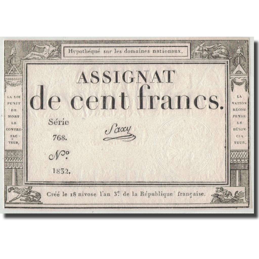 France, 100 Francs, 1795, Saxy, 7.1.1795, EF(40-45), KM:A78, Lafaurie:173