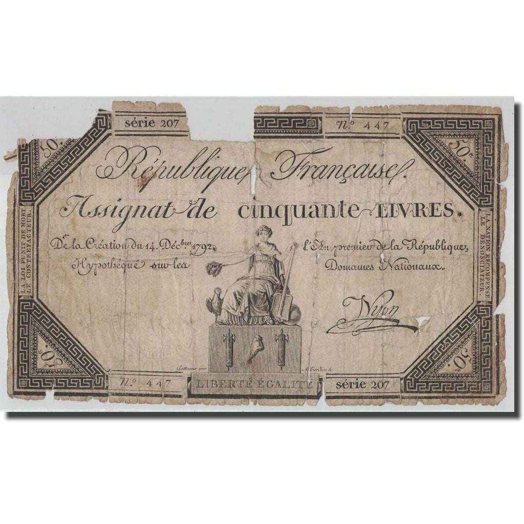 Francia, 50 Livres, 1792, Nyon, 1792-12-14, B, KM:A72, Lafaurie:164