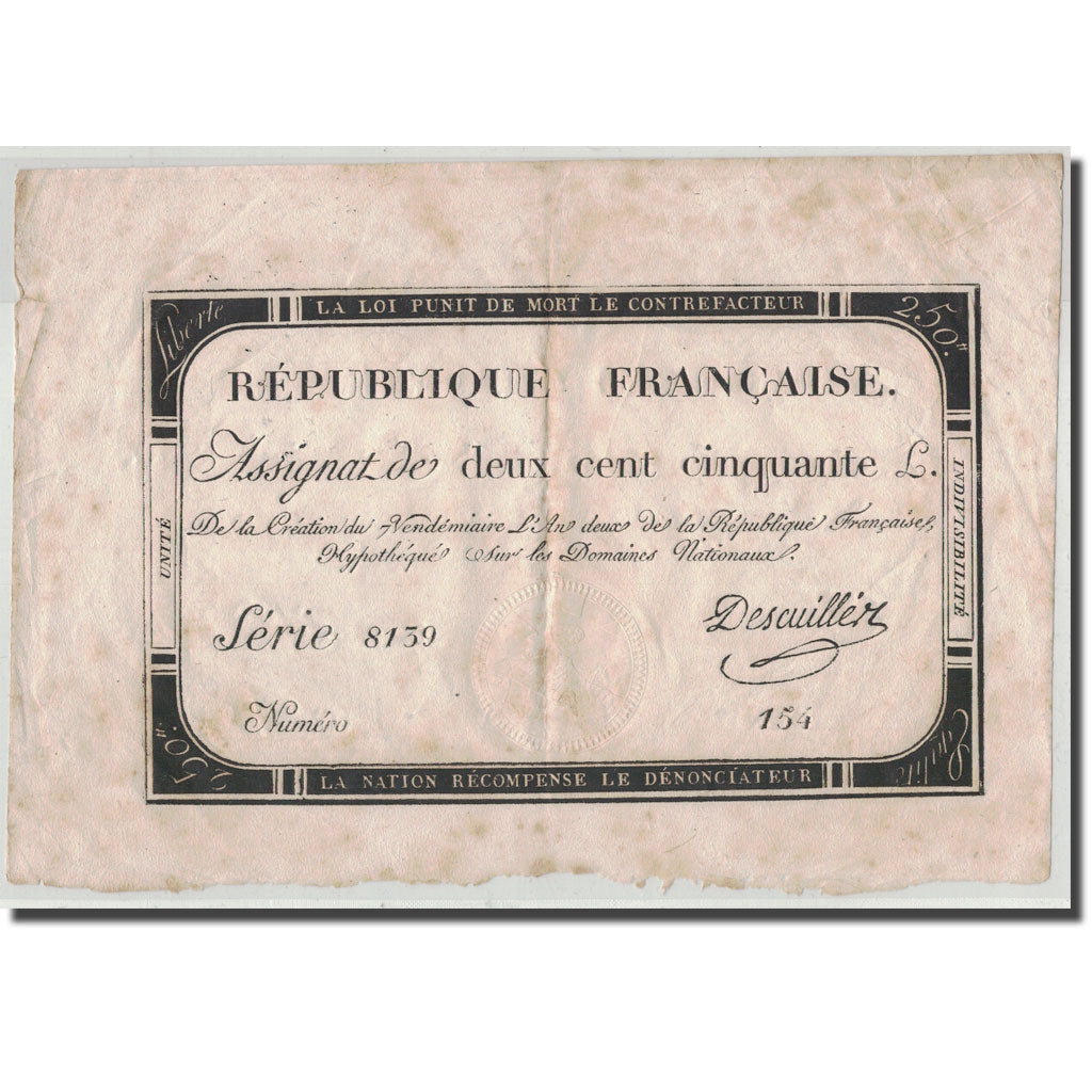France, 250 Livres, 1793, Descuiller, 1793-09-28, EF(40-45), KM:A75
