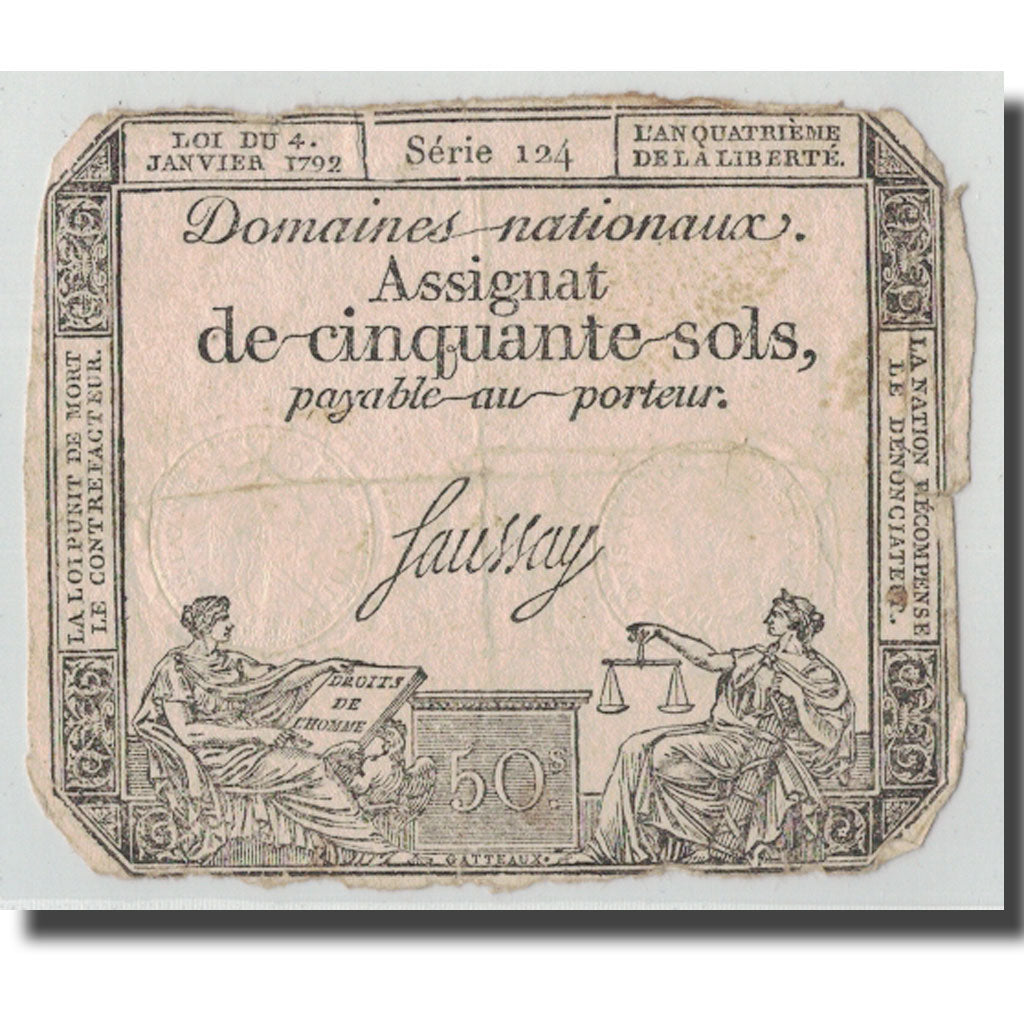 France, 50 Sols, 1792, Faussay, 1792-01-04, VF(20-25), KM:A56, Lafaurie:150