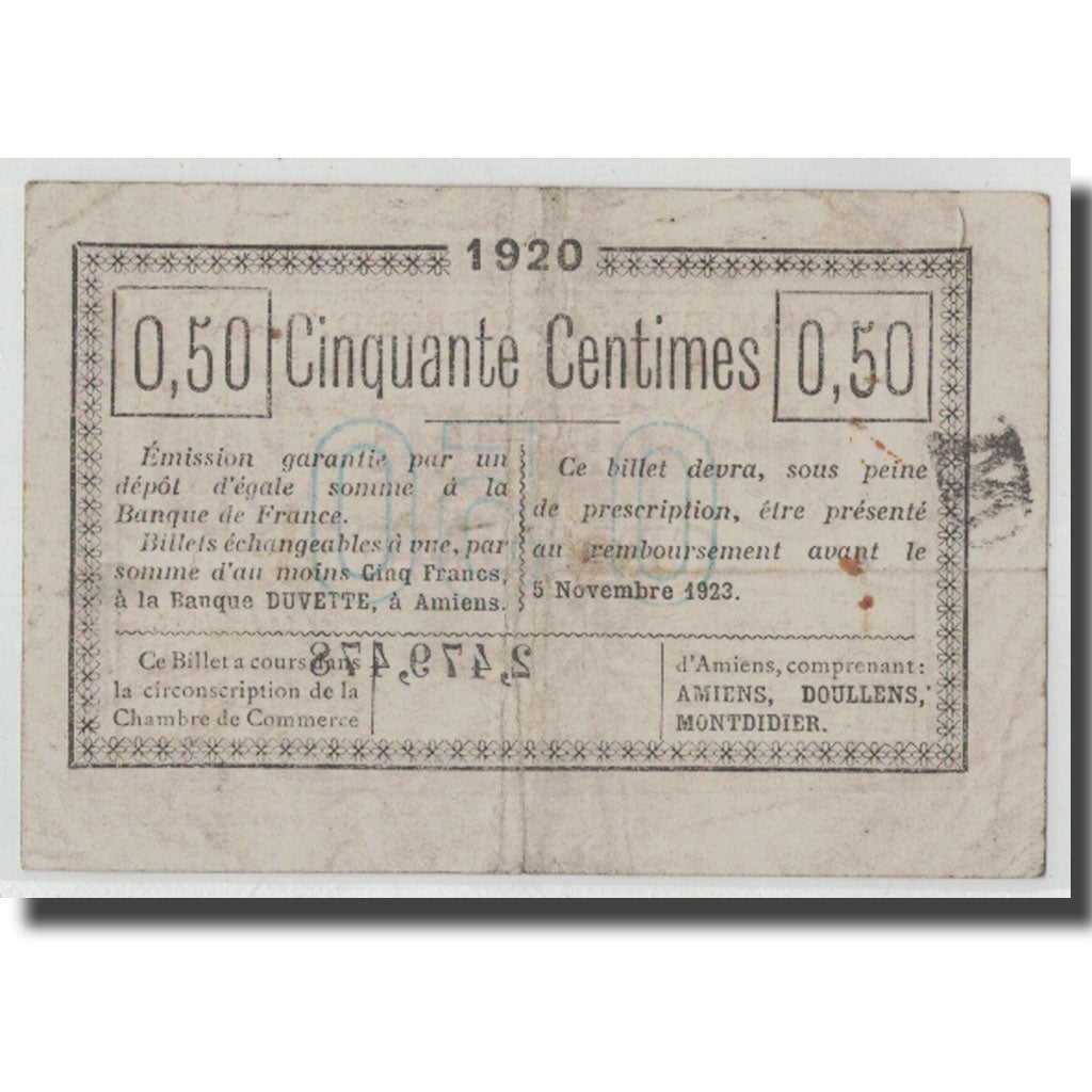 France, Amiens, 50 Centimes, 1920, EF(40-45), Pirot:7-49